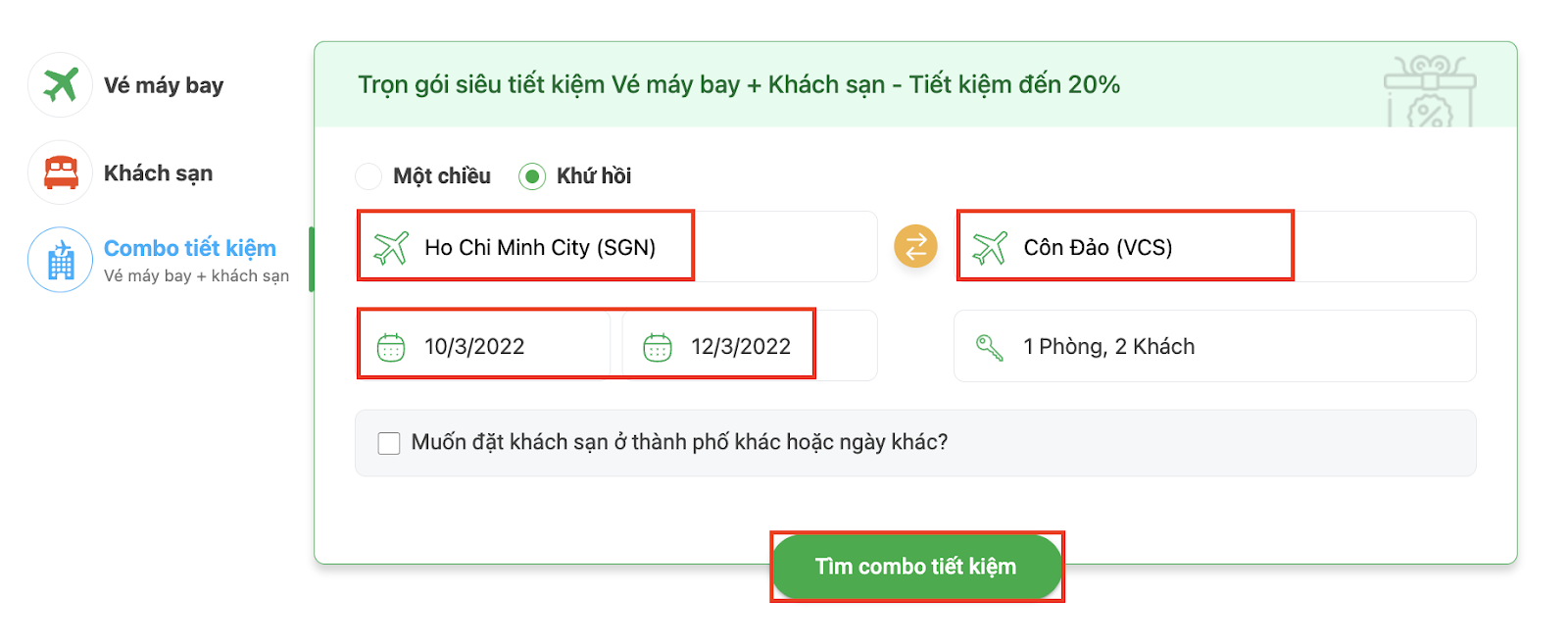 Chọn điểm đến - điểm đi của combo muốn đặt